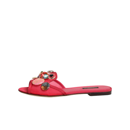 Dolce & Gabbana Red Embellished Flats Slip On Sandals Shoes