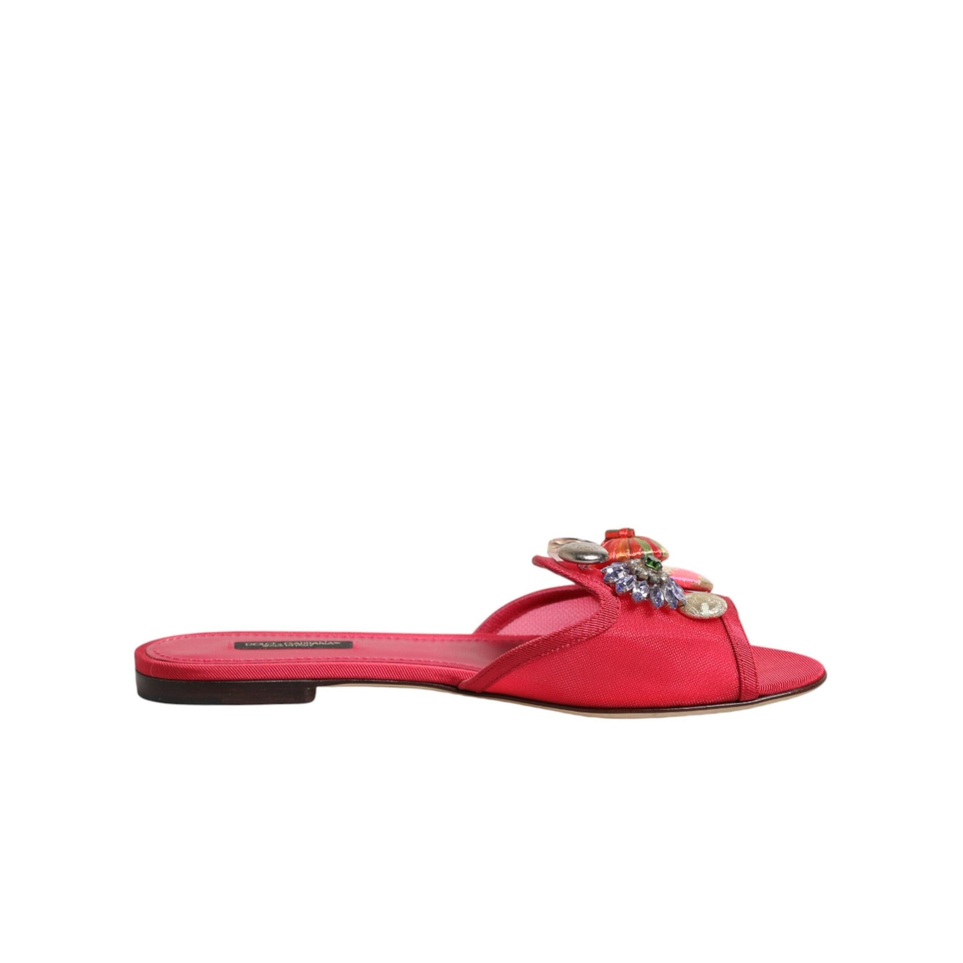 Dolce & Gabbana Red Embellished Flats Slip On Sandals Shoes