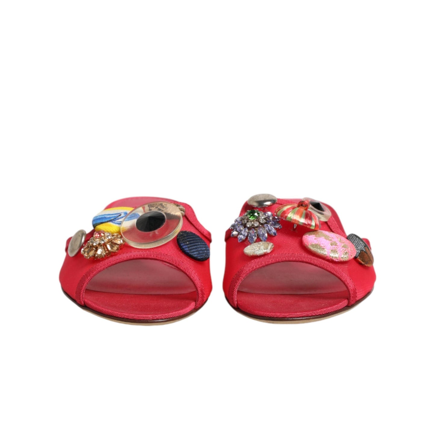 Dolce & Gabbana Red Embellished Flats Slip On Sandals Shoes