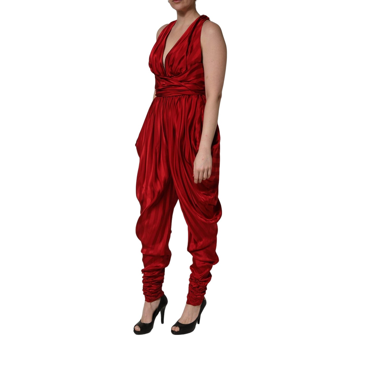 Dolce & Gabbana Red Plunging HalterNeck Draped Jumpsuit Dress