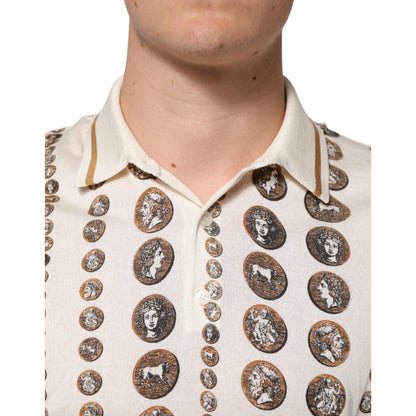 Dolce & Gabbana Silk Ivory Coin Print Logo Men Polo T-shirt
