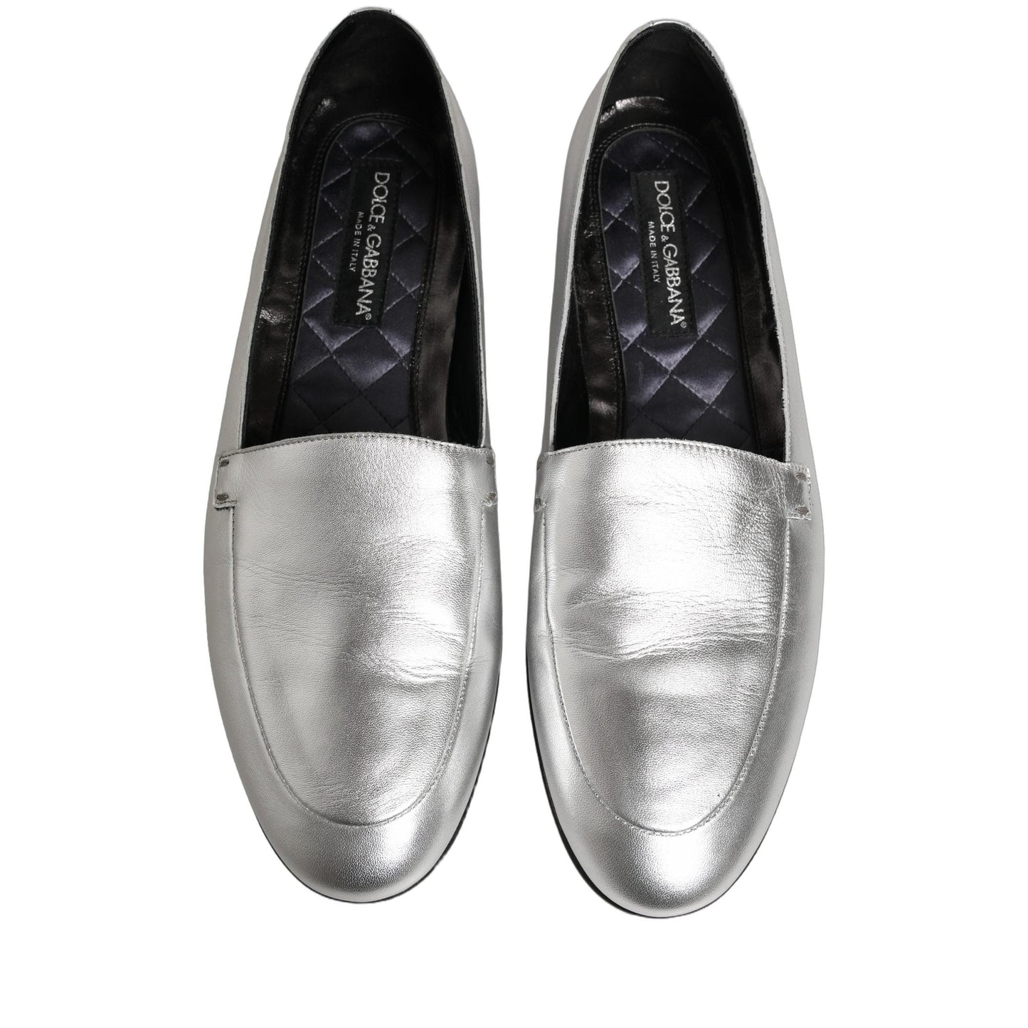 Dolce & Gabbana Silver Leather DG Logo Slip On Loafers Shoes