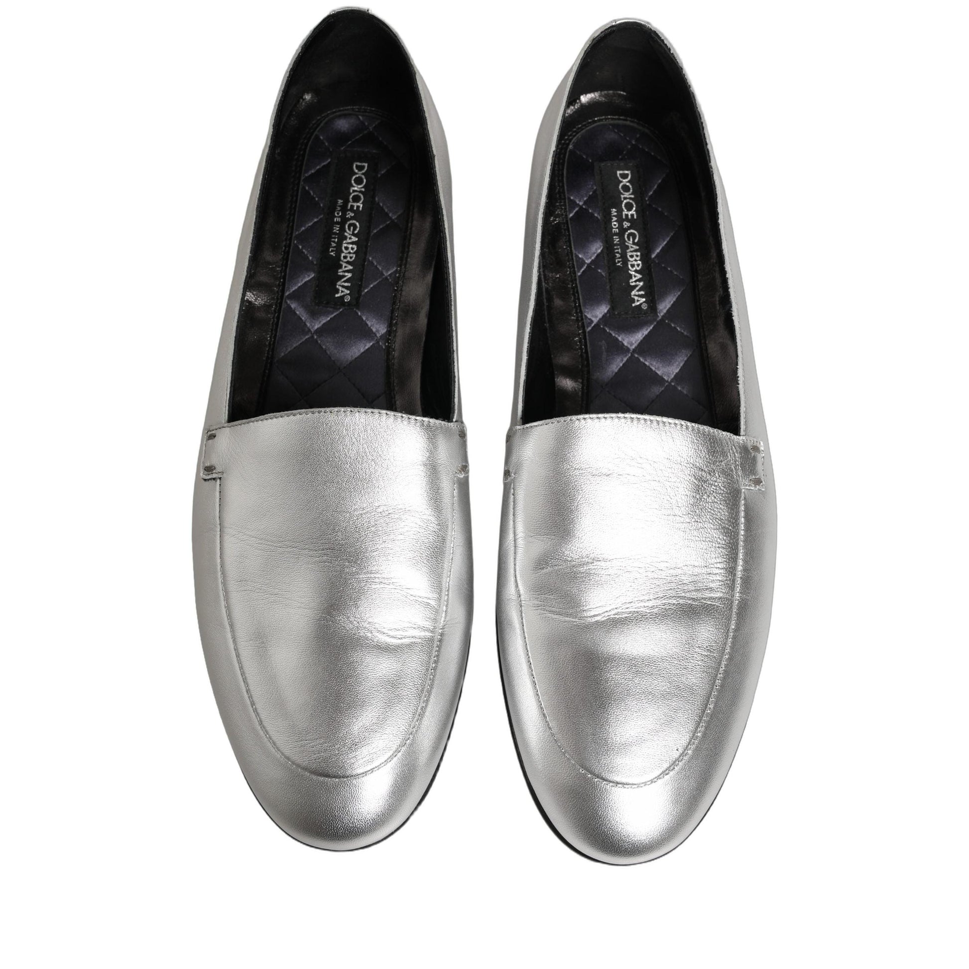 Dolce & Gabbana Silver Leather DG Logo Slip On Loafers Shoes