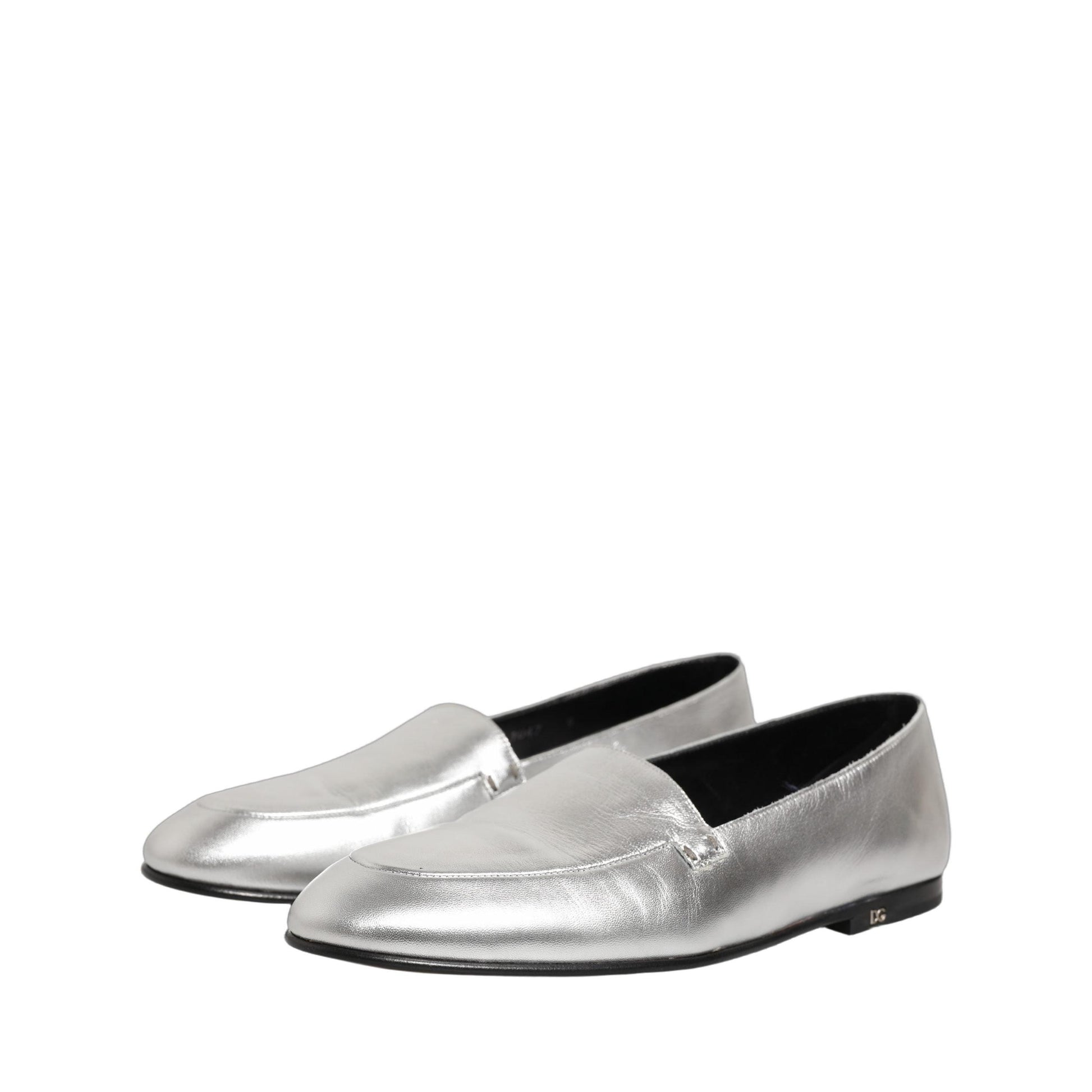 Dolce & Gabbana Silver Leather DG Logo Slip On Loafers Shoes