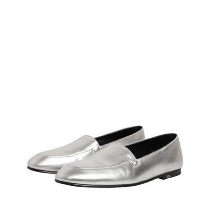 Dolce & Gabbana Silver Leather DG Logo Slip On Loafers Shoes