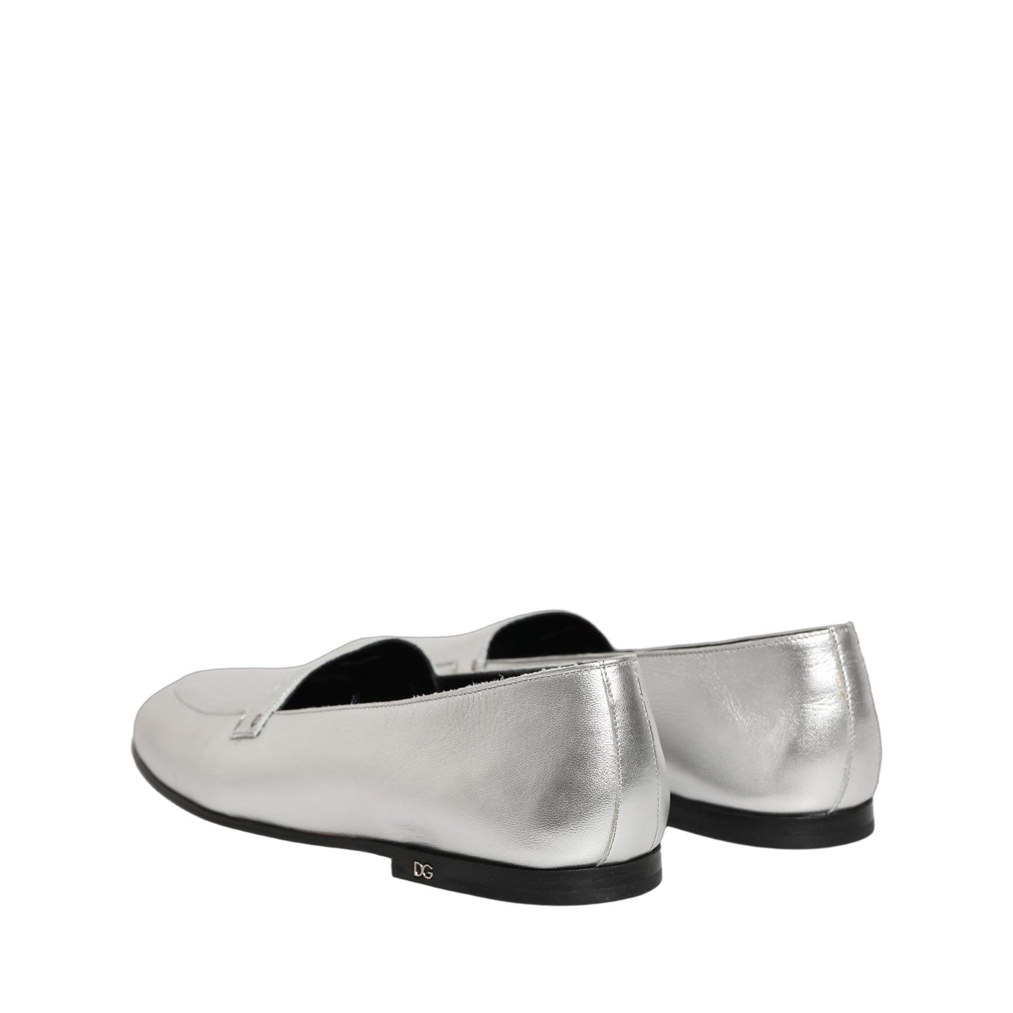 Dolce & Gabbana Silver Leather DG Logo Slip On Loafers Shoes