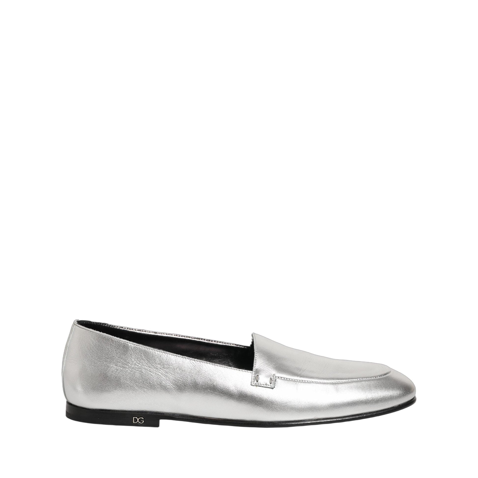 Dolce & Gabbana Silver Leather DG Logo Slip On Loafers Shoes