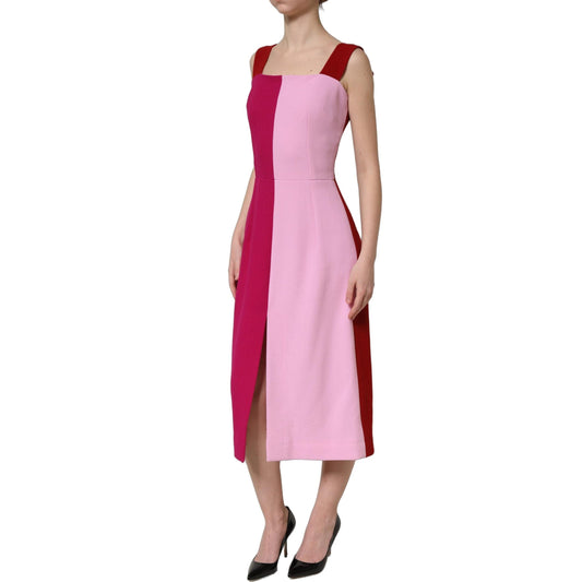 Dolce & Gabbana Two Tone Pink Wool Sleeveless Midi Dress