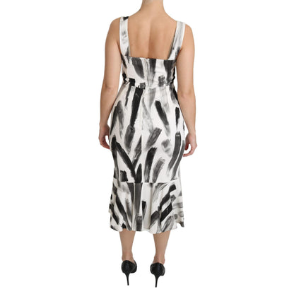 Dolce & Gabbana White Black Printed Sheath Midi Viscose Dress