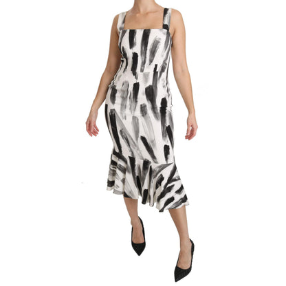 Dolce & Gabbana White Black Printed Sheath Midi Viscose Dress