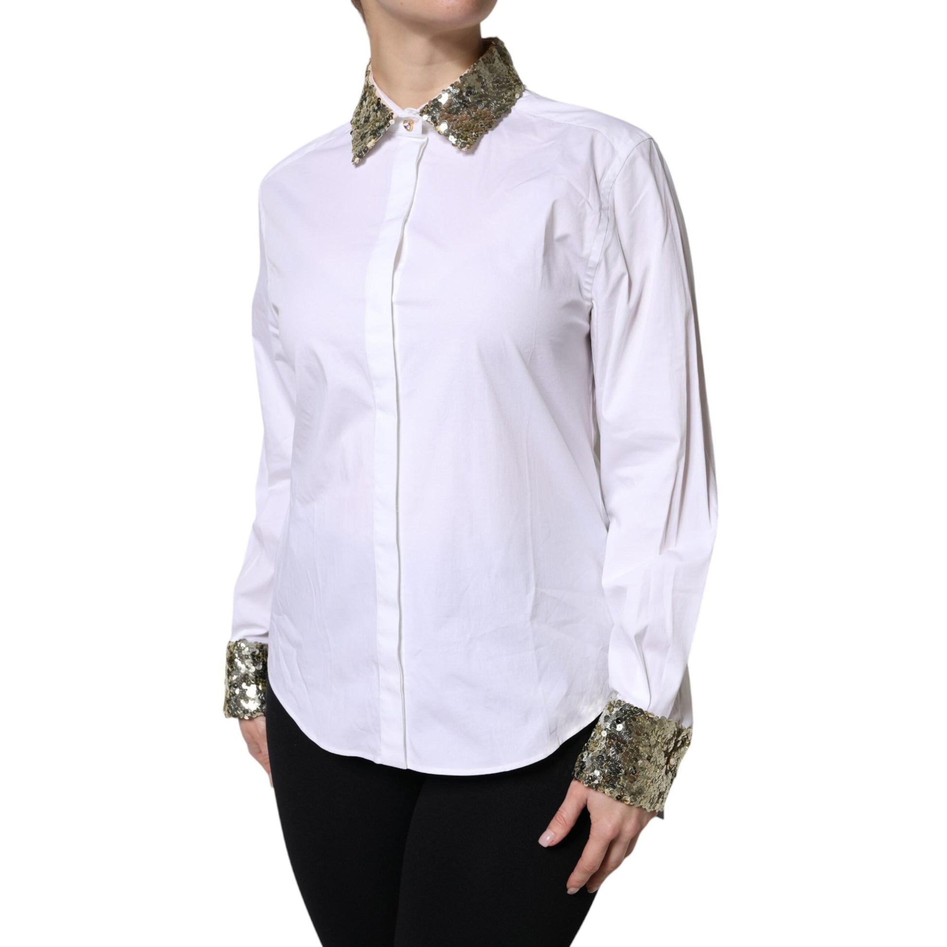 Dolce & Gabbana White Cotton Long Sleeves Sequin Shirt Top