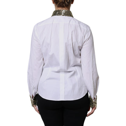 Dolce & Gabbana White Cotton Long Sleeves Sequin Shirt Top