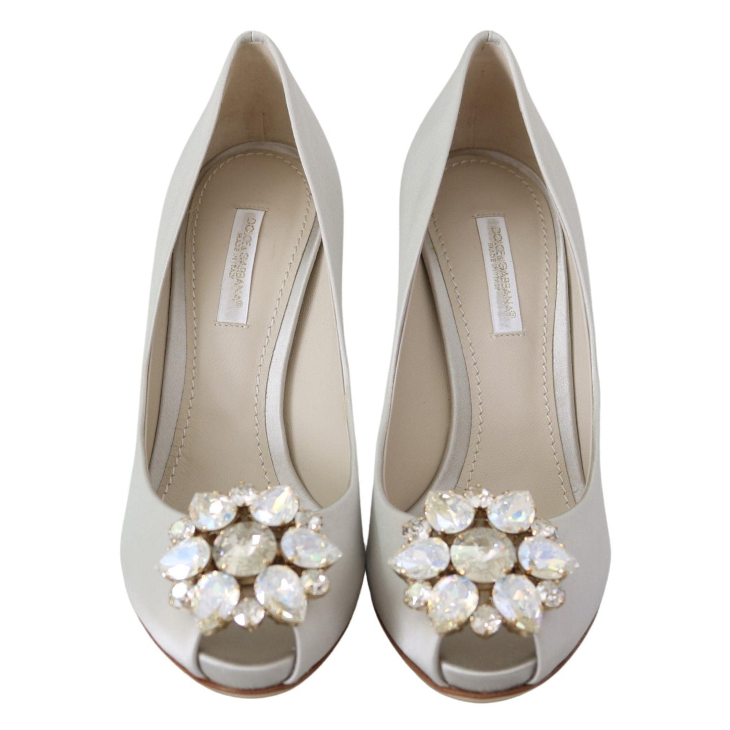 Dolce & Gabbana White Crystals Peep Toe Heels Satin Pumps Shoes