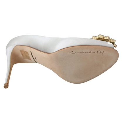 Dolce & Gabbana White Crystals Peep Toe Heels Satin Pumps Shoes
