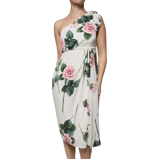 Dolce & Gabbana White Floral Silk One Shoulder Midi Dress