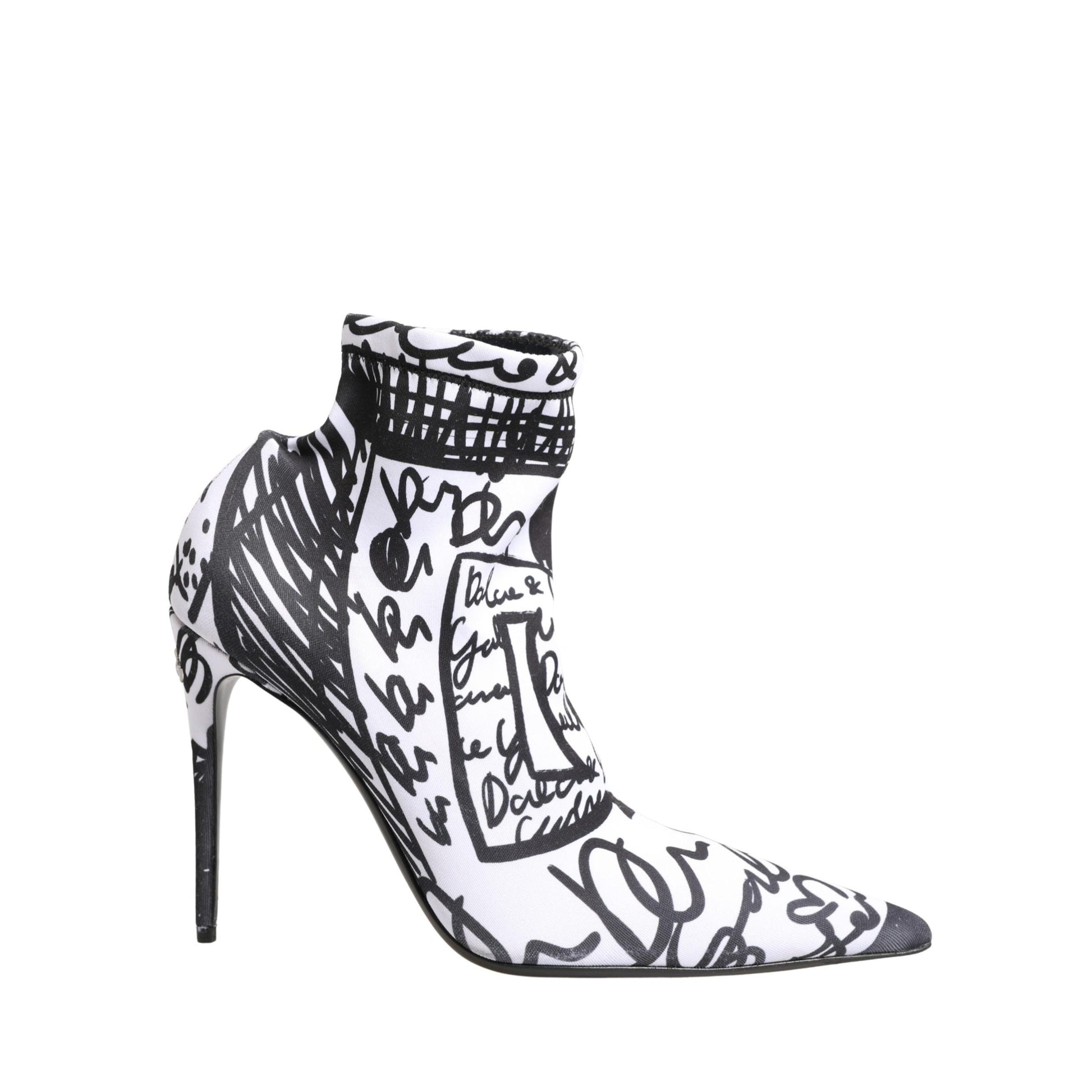Dolce & Gabbana White Graffiti Stretch Ankle Boots Shoes