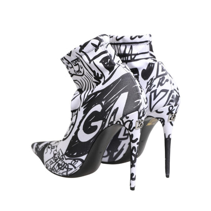 Dolce & Gabbana White Graffiti Stretch Ankle Boots Shoes