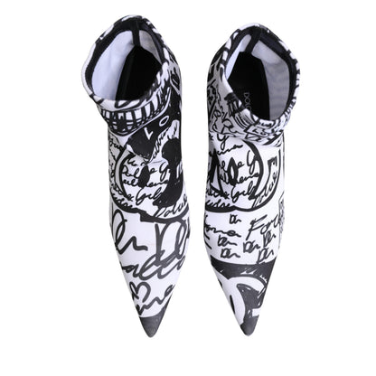 Dolce & Gabbana White Graffiti Stretch Ankle Boots Shoes
