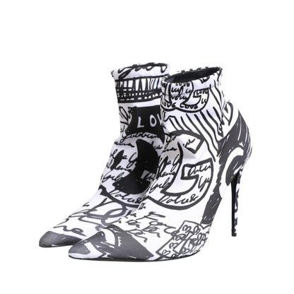 Dolce & Gabbana White Graffiti Stretch Ankle Boots Shoes
