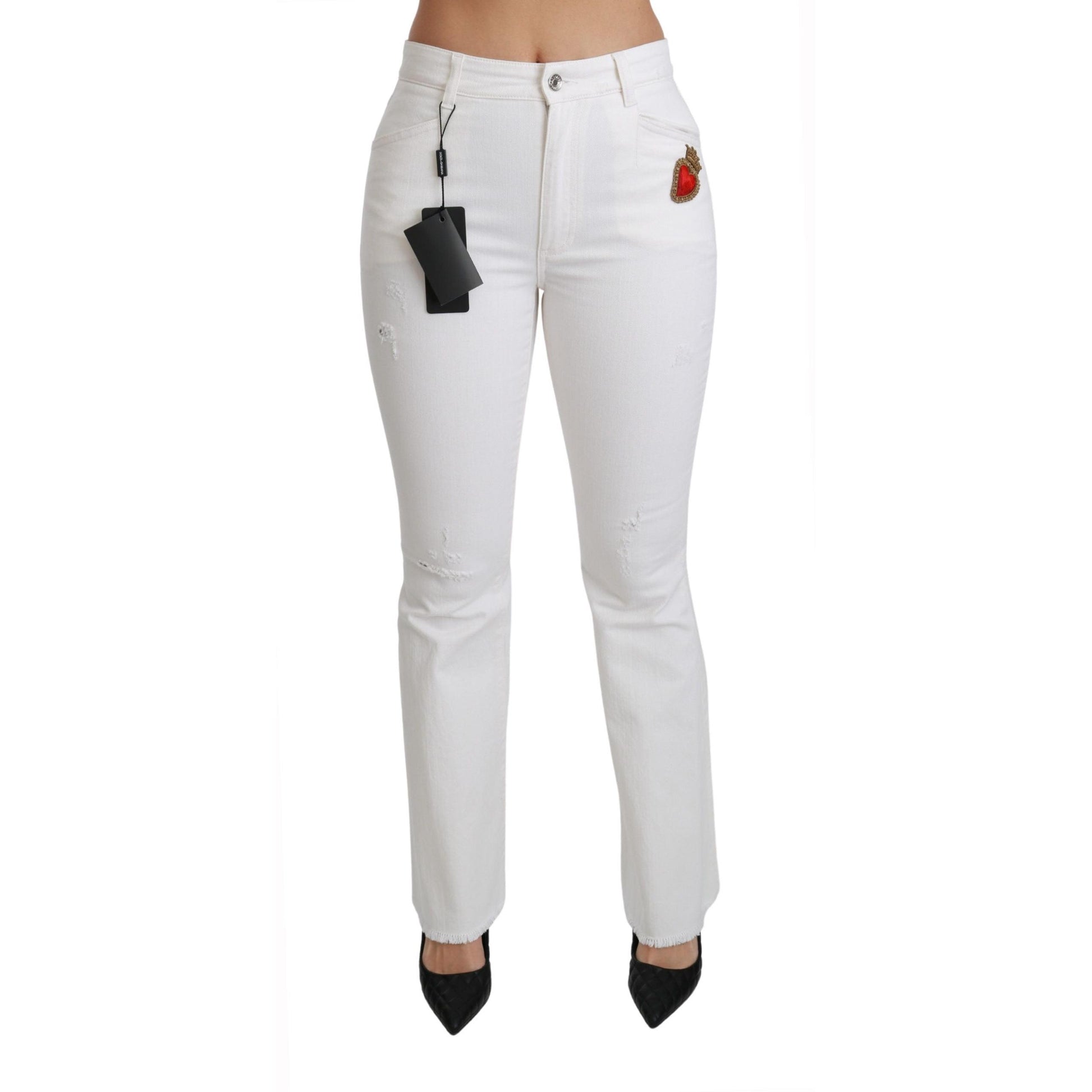 Dolce & Gabbana White Heart Flared Stretch Cotton Pants