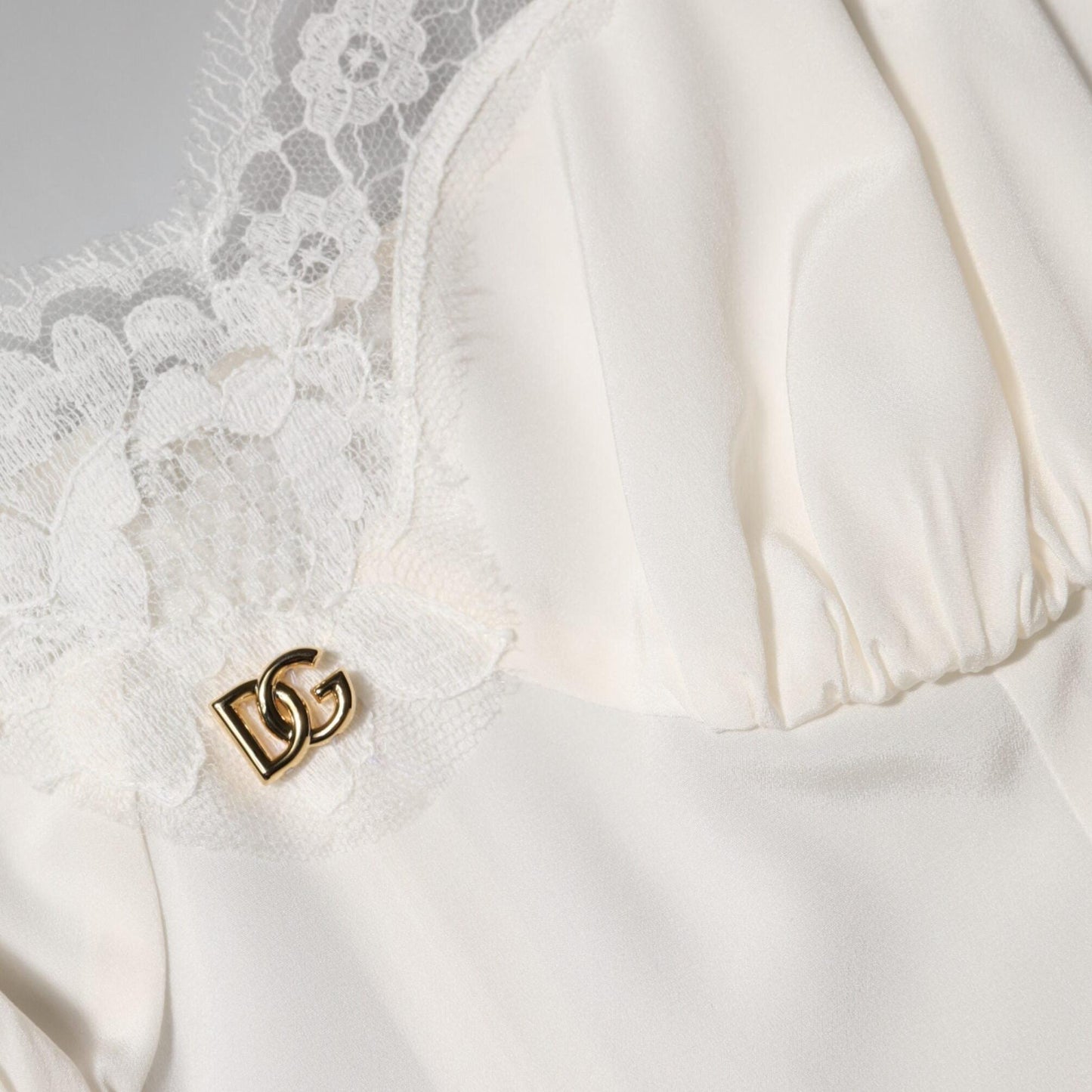 Dolce & Gabbana White Lace DG Logo Silk Dress Sleepwear
