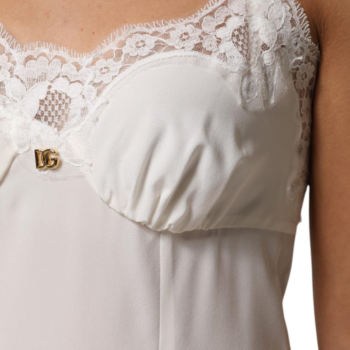 Dolce & Gabbana White Lace Gold DG Logo Silk Dress Sleepwear