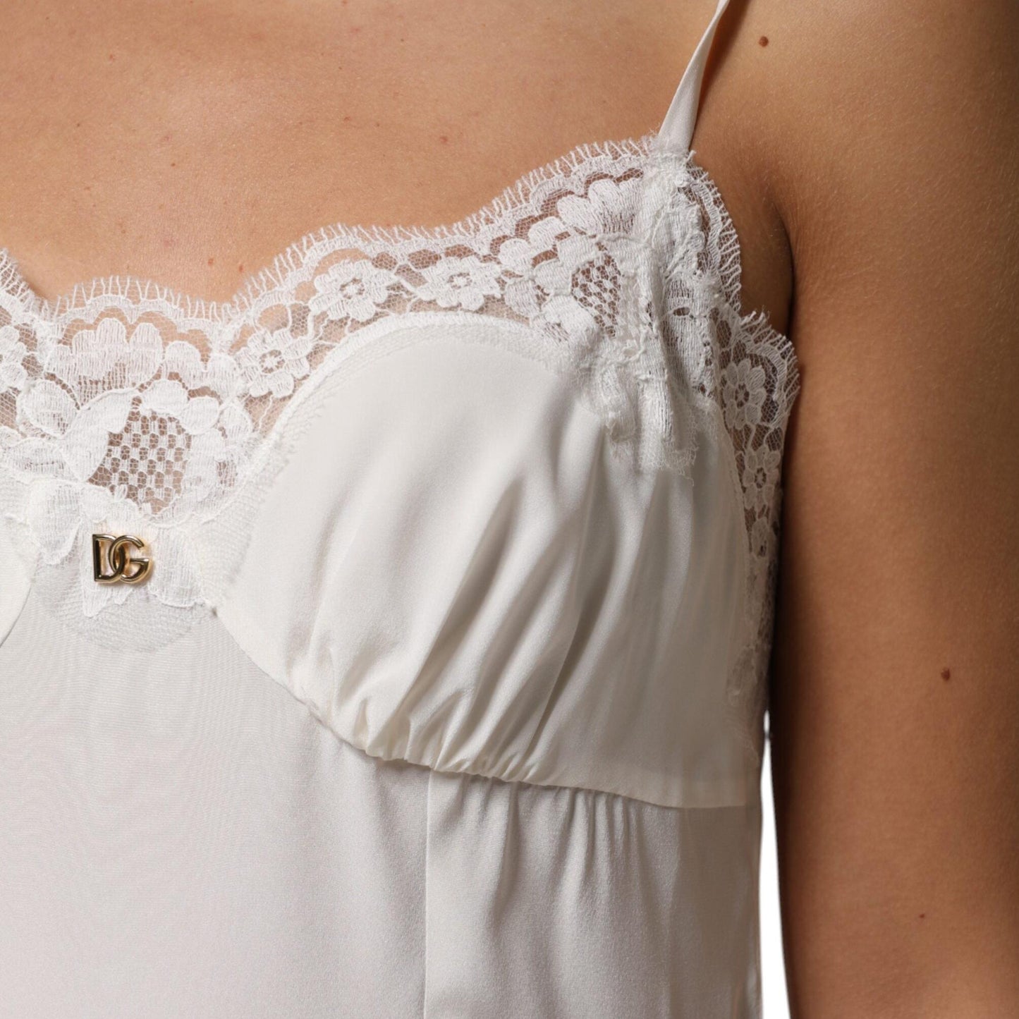Dolce & Gabbana White Lace Gold DG Logo Silk Dress Sleepwear