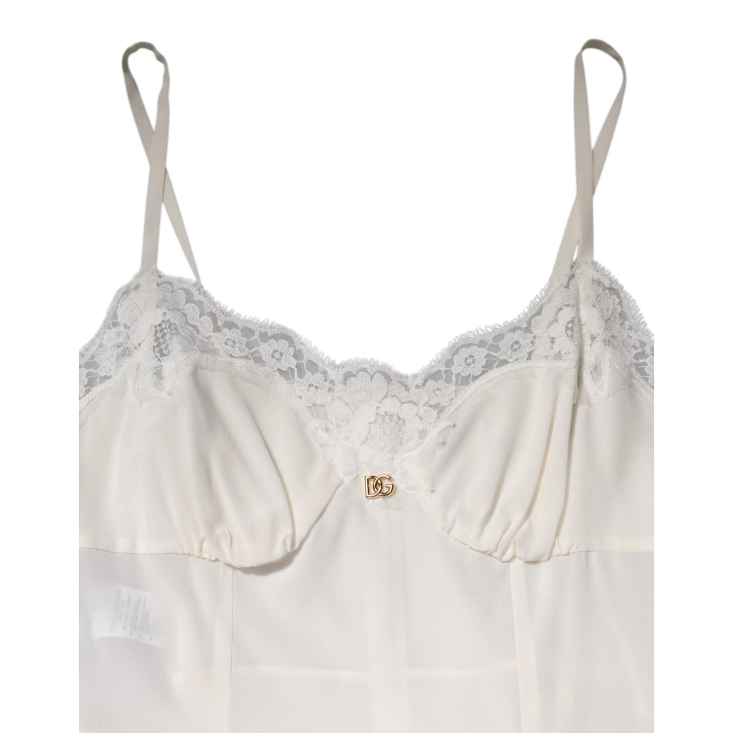 Dolce & Gabbana White Lace Gold DG Logo Silk Dress Sleepwear