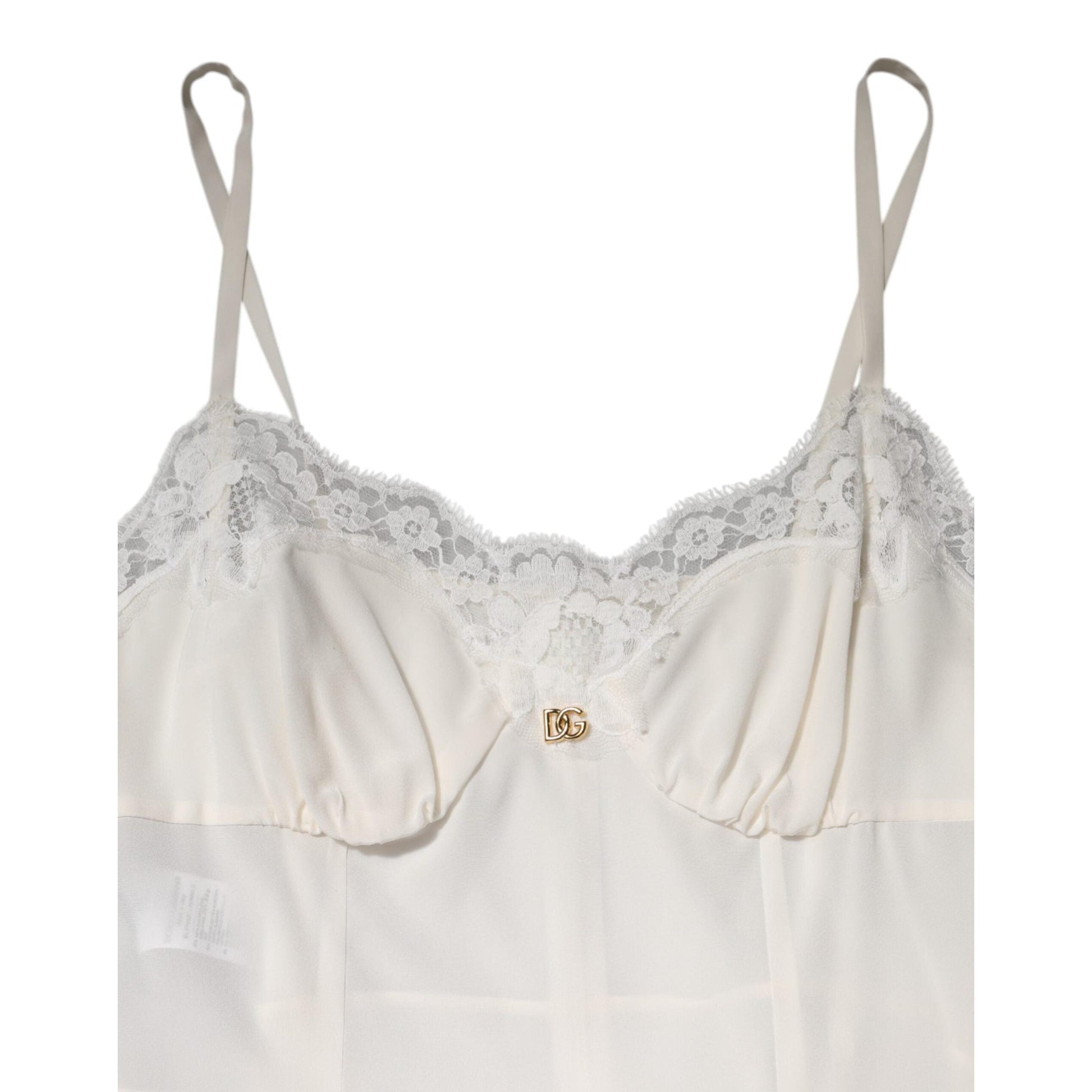 Dolce & Gabbana White Lace Gold DG Logo Silk Dress Sleepwear