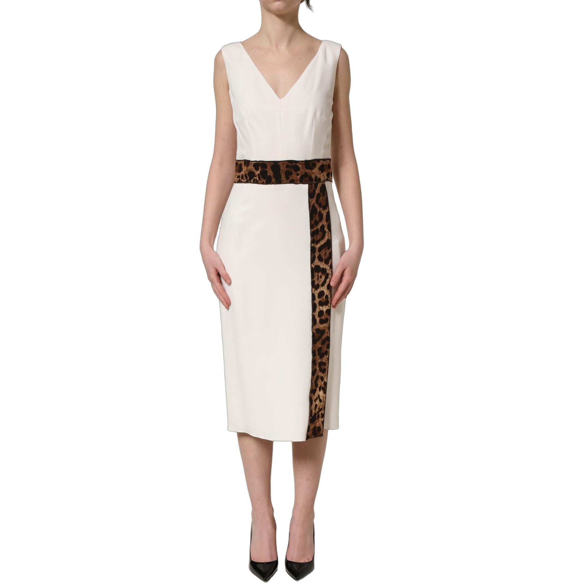 Dolce & Gabbana White Leopard Sleeveless Sheath Midi Dress