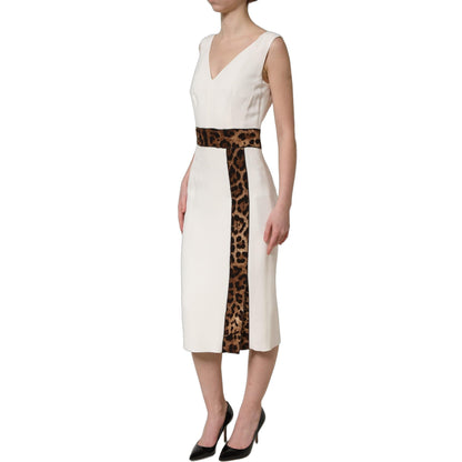 Dolce & Gabbana White Leopard Sleeveless Sheath Midi Dress
