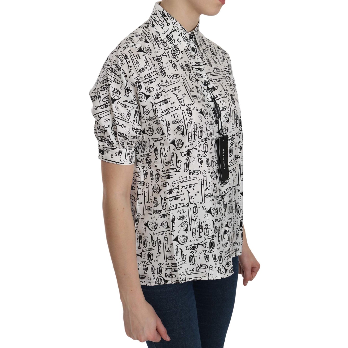 Dolce & Gabbana White Musical Instrument Collared Blouse Shirt