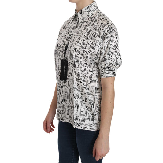 Dolce & Gabbana White Musical Instrument Collared Blouse Shirt
