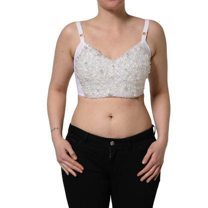 Dolce & Gabbana White Pearls Beaded Corset Bustier Crop Top