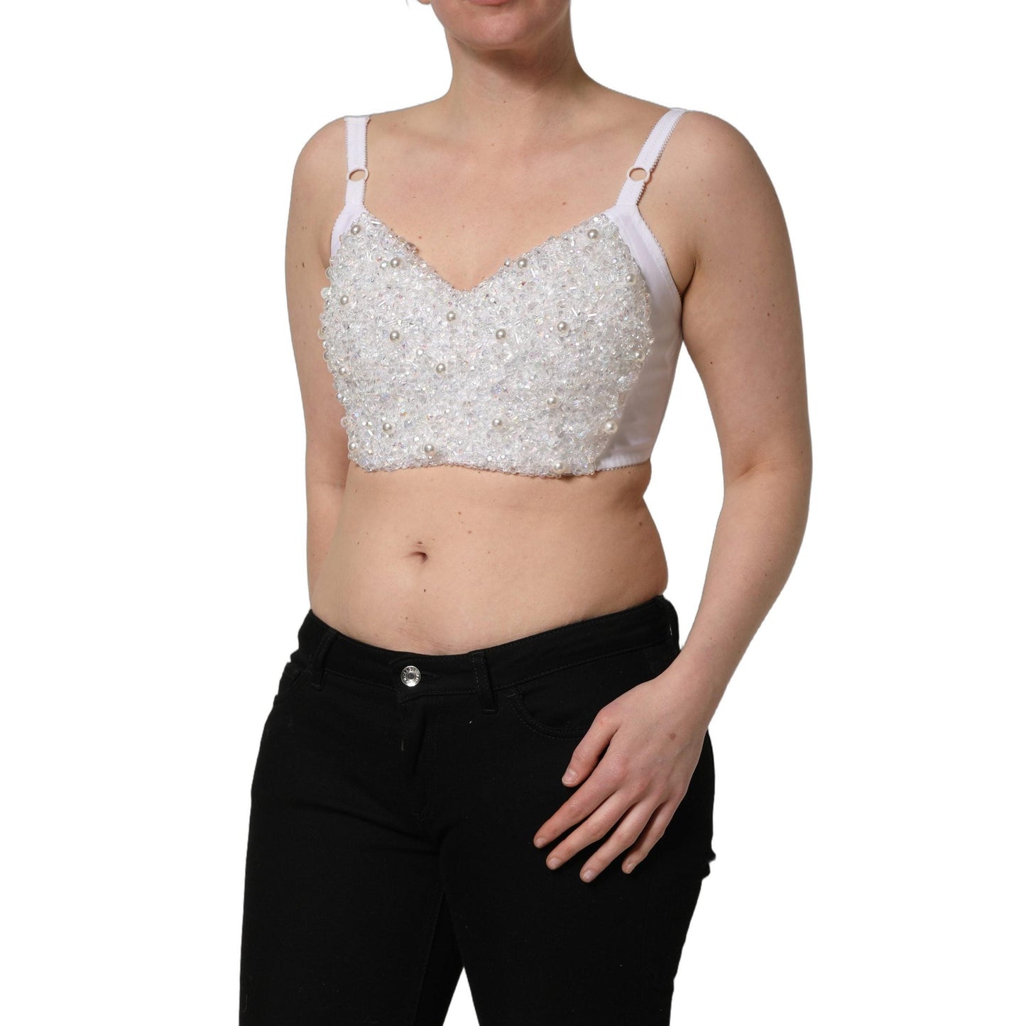 Dolce & Gabbana White Pearls Beaded Corset Bustier Crop Top