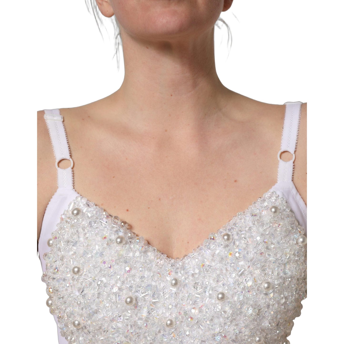 Dolce & Gabbana White Pearls Beaded Corset Bustier Crop Top