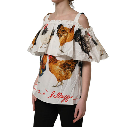 Dolce & Gabbana White Rooster Print Poplin Off The Shoulder Top