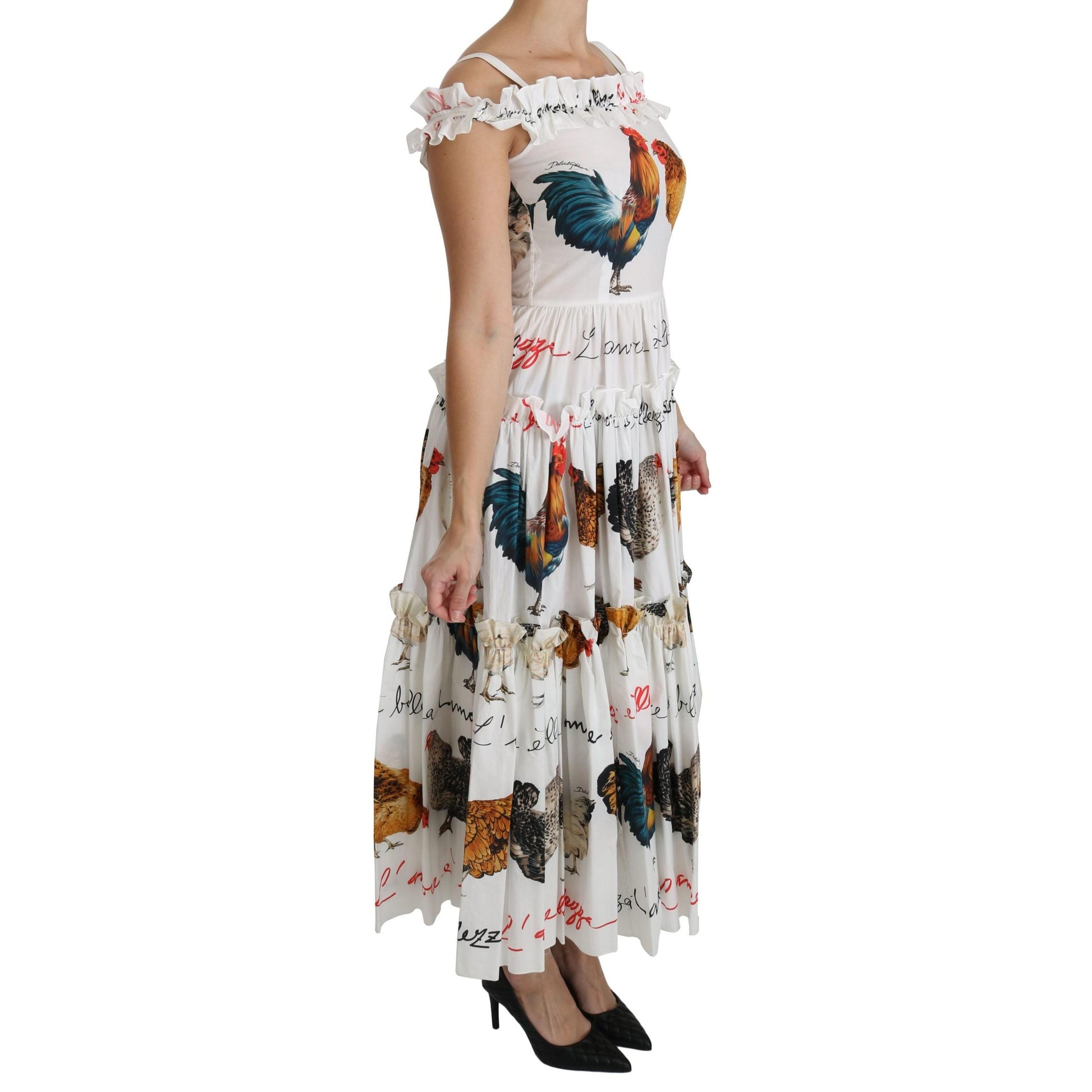 Dolce & Gabbana White Rooster Sheath Midi Cotton Dress