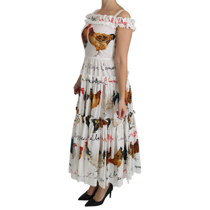 Dolce & Gabbana White Rooster Sheath Midi Cotton Dress