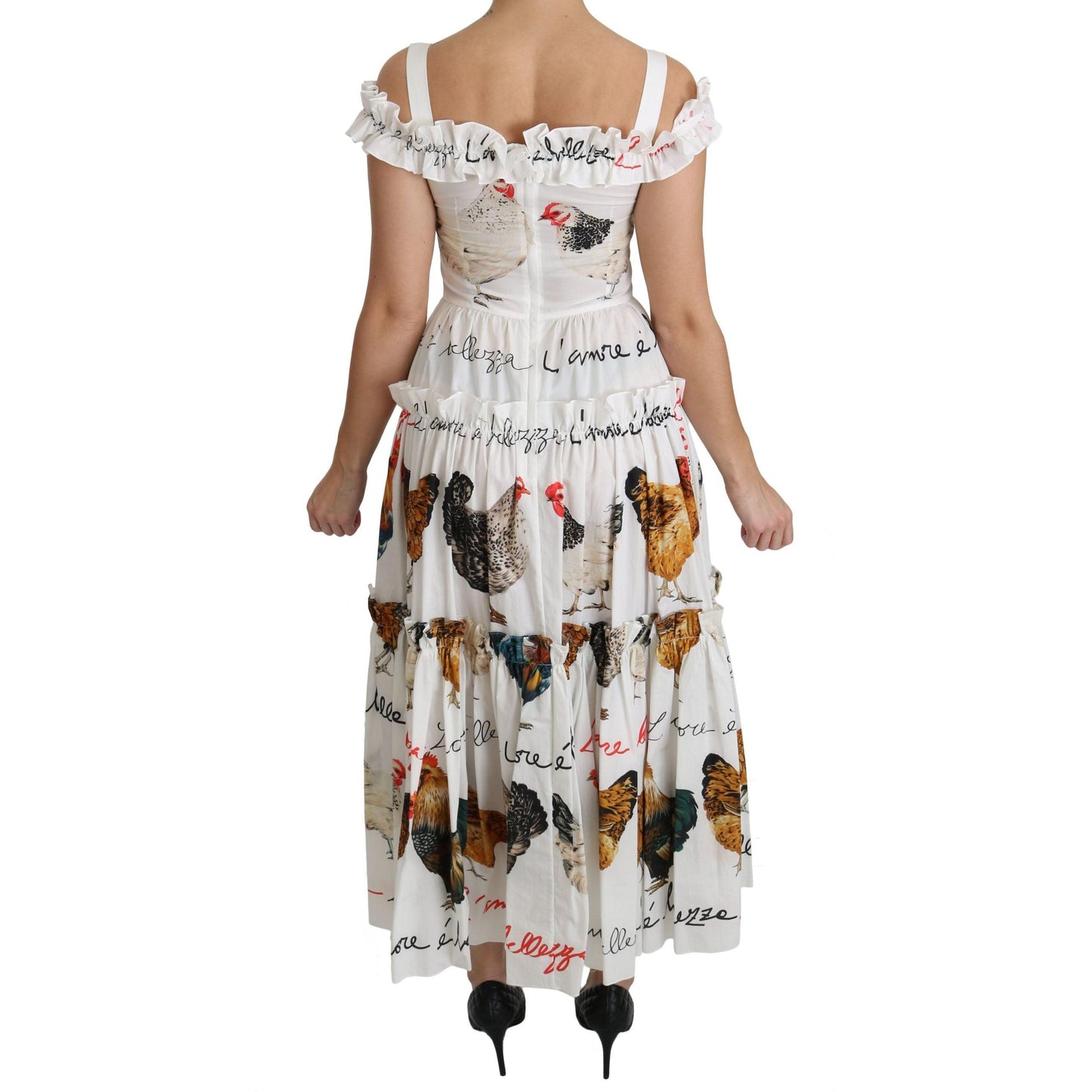 Dolce & Gabbana White Rooster Sheath Midi Cotton Dress