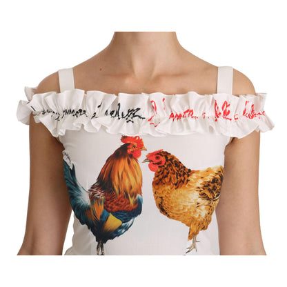 Dolce & Gabbana White Rooster Sheath Midi Cotton Dress