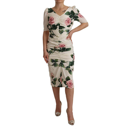 Dolce & Gabbana White Roses Print Stretch Silk Pleated Dress
