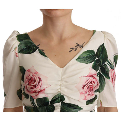 Dolce & Gabbana White Roses Print Stretch Silk Pleated Dress