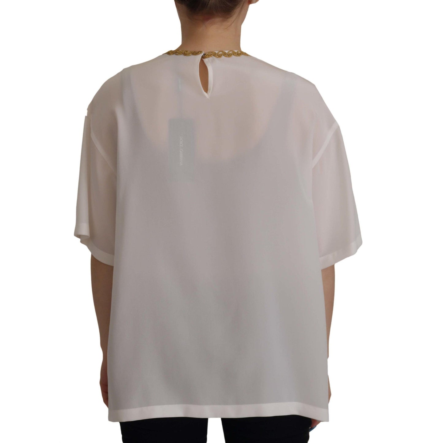 Dolce & Gabbana White Silk Gold DG Crown Crystal Blouse Top