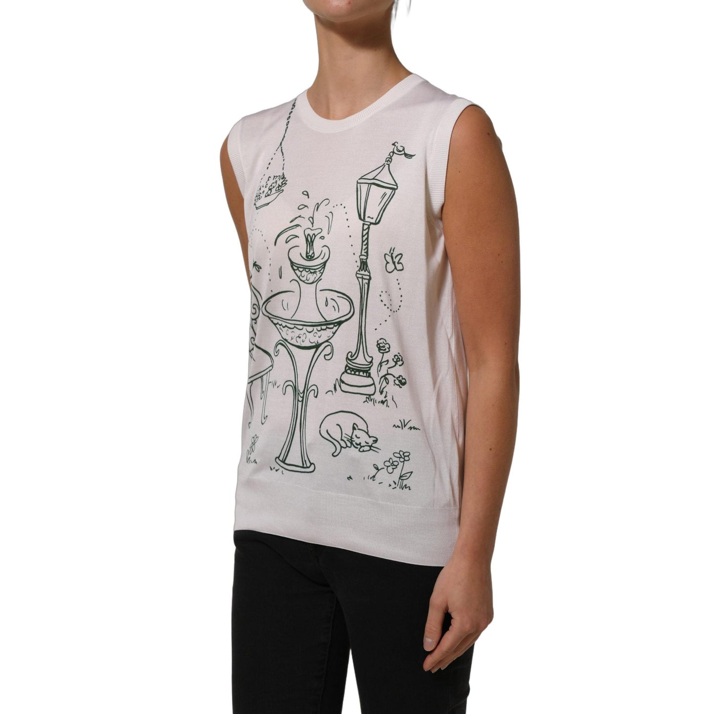 Dolce & Gabbana White Silk Knit Garden Fountain Print Tank Top