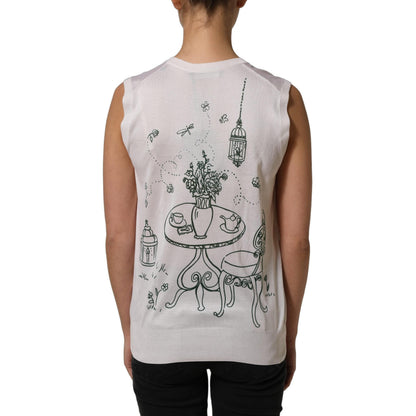 Dolce & Gabbana White Silk Knit Garden Fountain Print Tank Top
