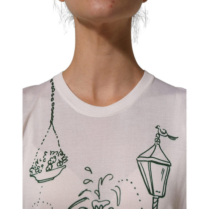 Dolce & Gabbana White Silk Knit Garden Fountain Print Tank Top