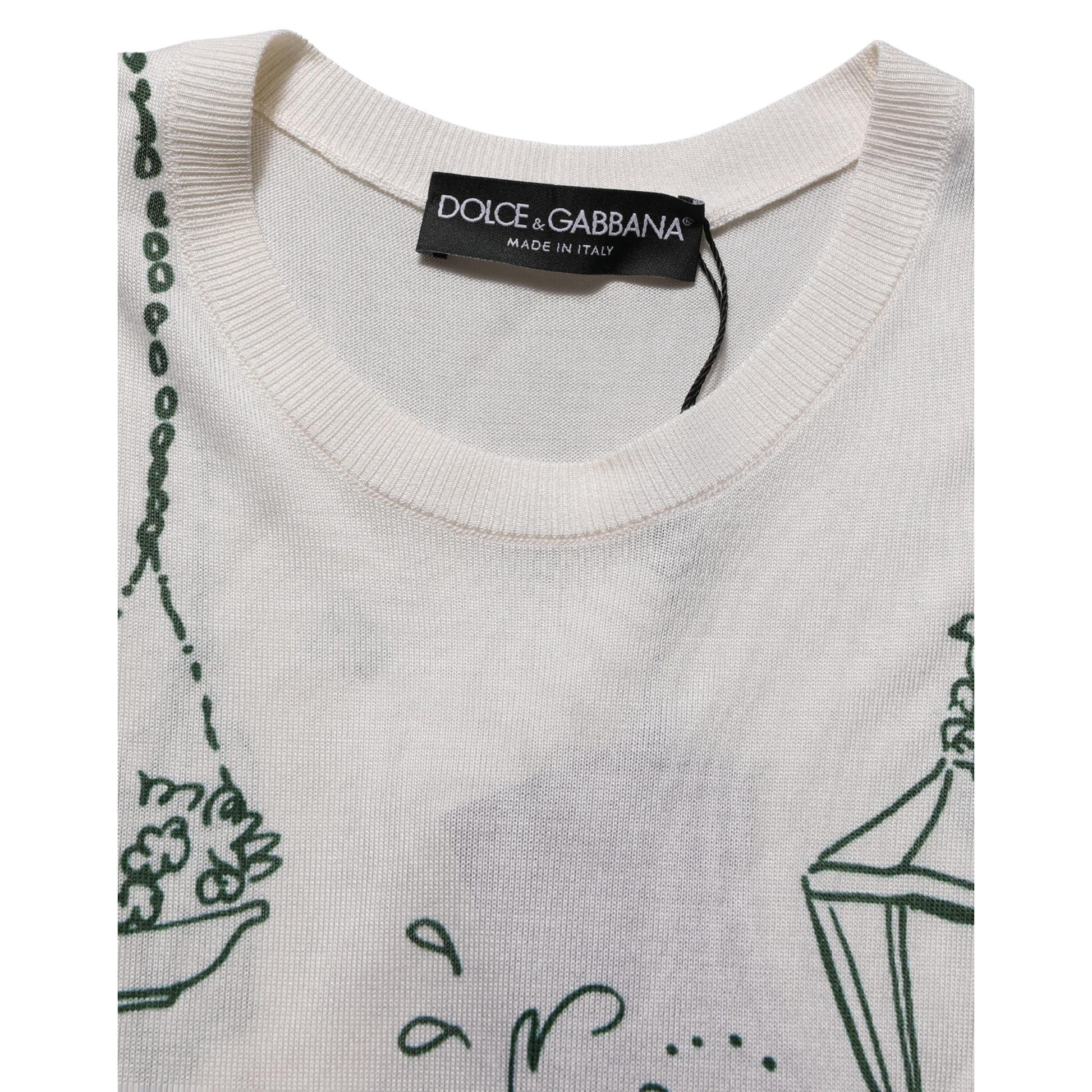 Dolce & Gabbana White Silk Knit Garden Fountain Print Tank Top