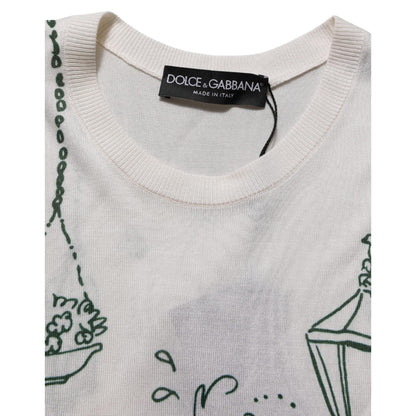 Dolce & Gabbana White Silk Knit Garden Fountain Print Tank Top