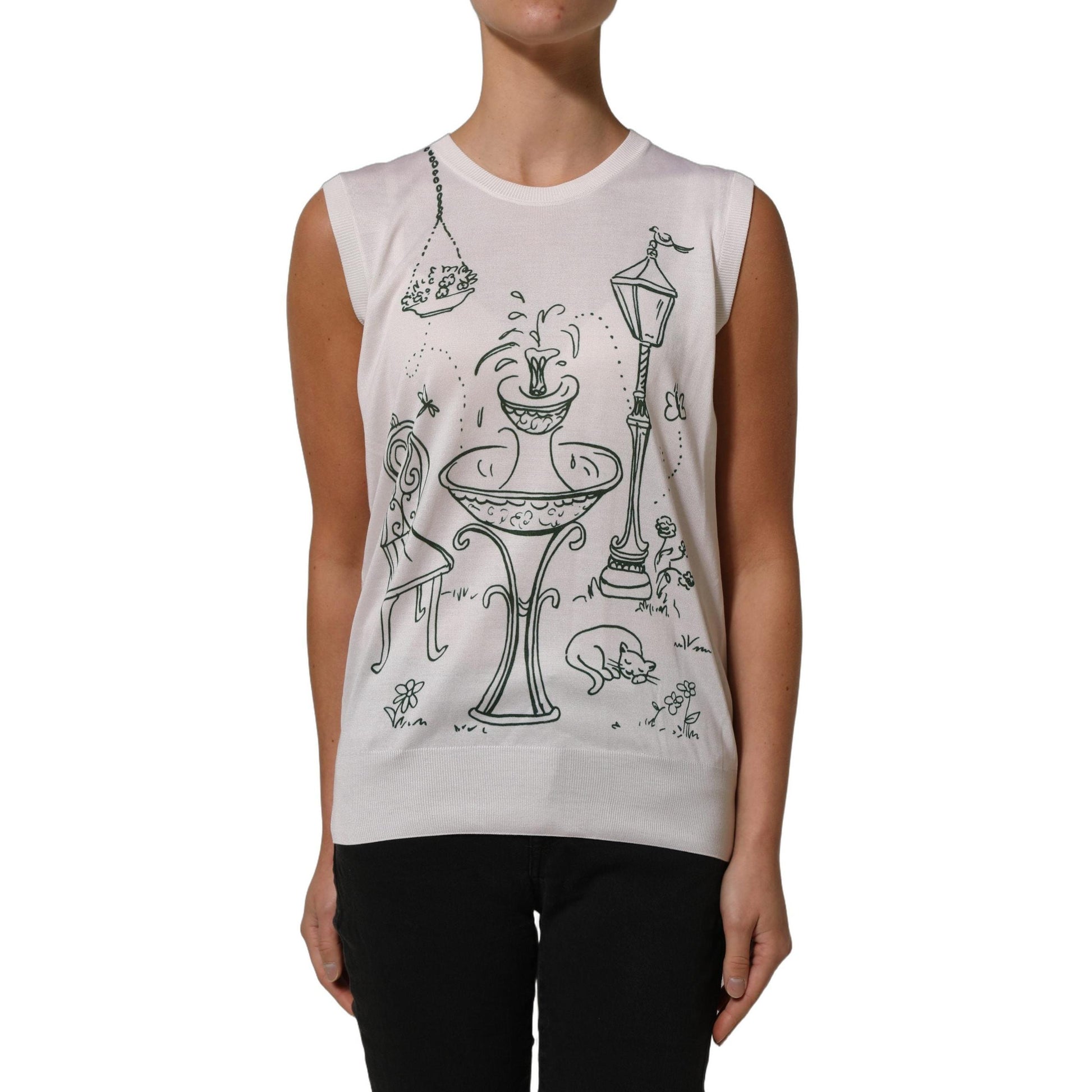 Dolce & Gabbana White Silk Knit Garden Fountain Print Tank Top